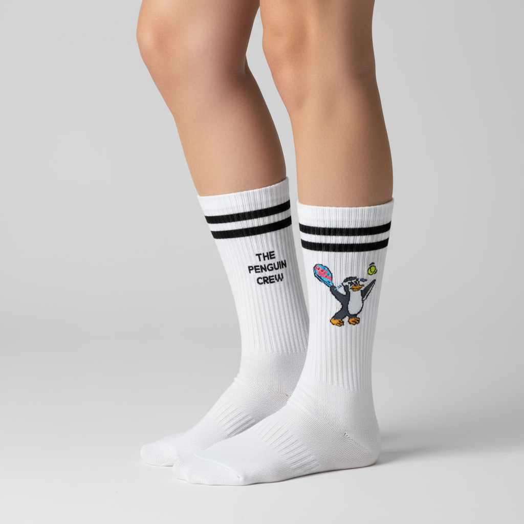 Calcetines divertidos de pádel con pingüino gracioso y rayas negras, estilo deportivo unisex