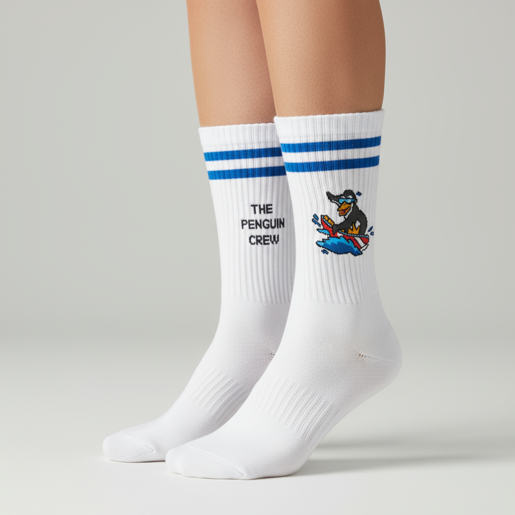 Calcetines de pingüino surfista con rayas azules, estilo deportivo y diseño original